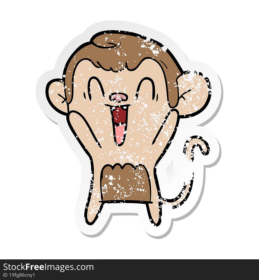 distressed sticker of a cartoon laughing monkey