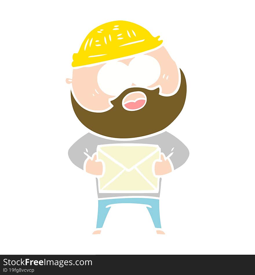 Flat Color Style Cartoon Surprised Bearded Man Holding Letter