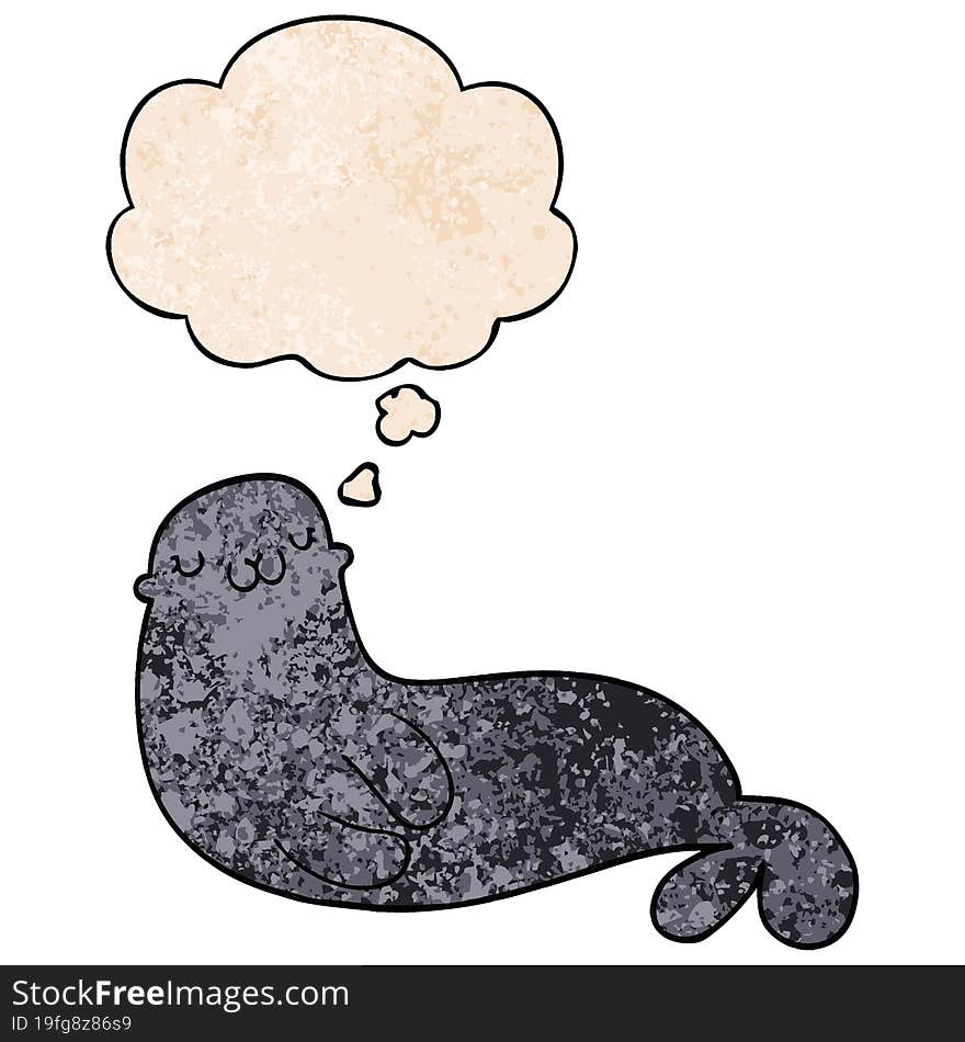 cute cartoon seal and thought bubble in grunge texture pattern style