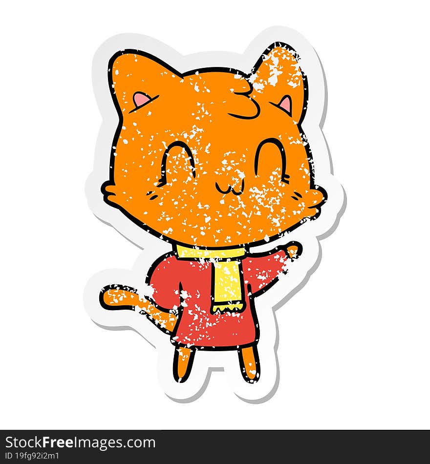 distressed sticker of a cartoon happy cat wearing scarf