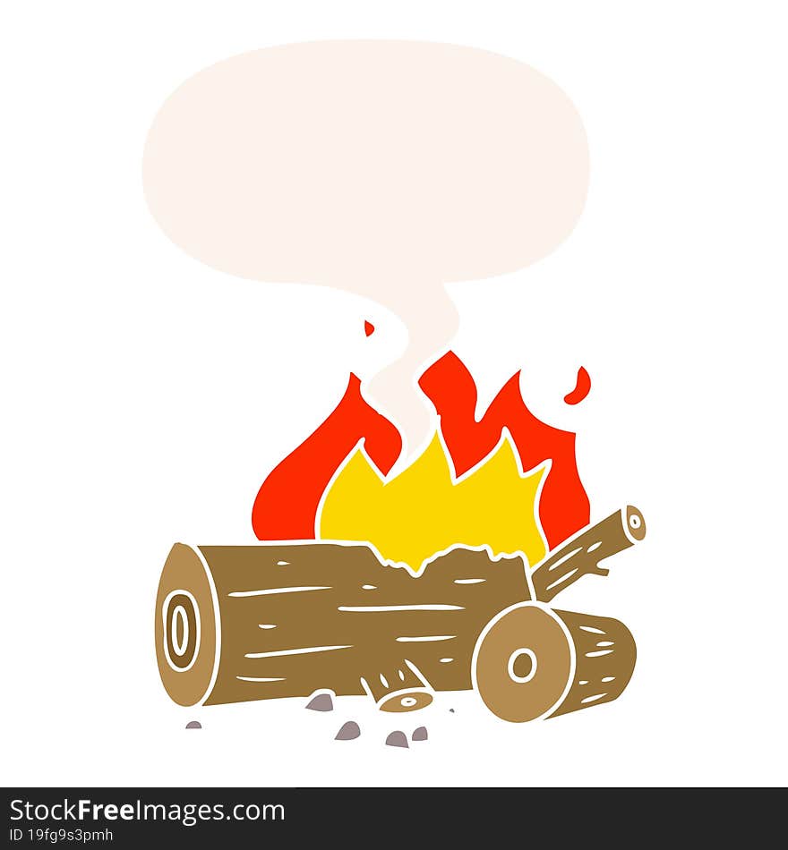 cartoon camp fire with speech bubble in retro style