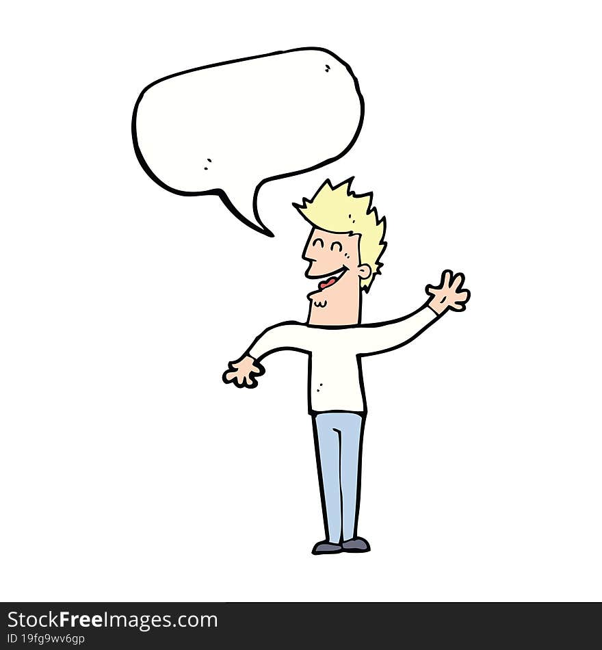 cartoon happy man waving with speech bubble