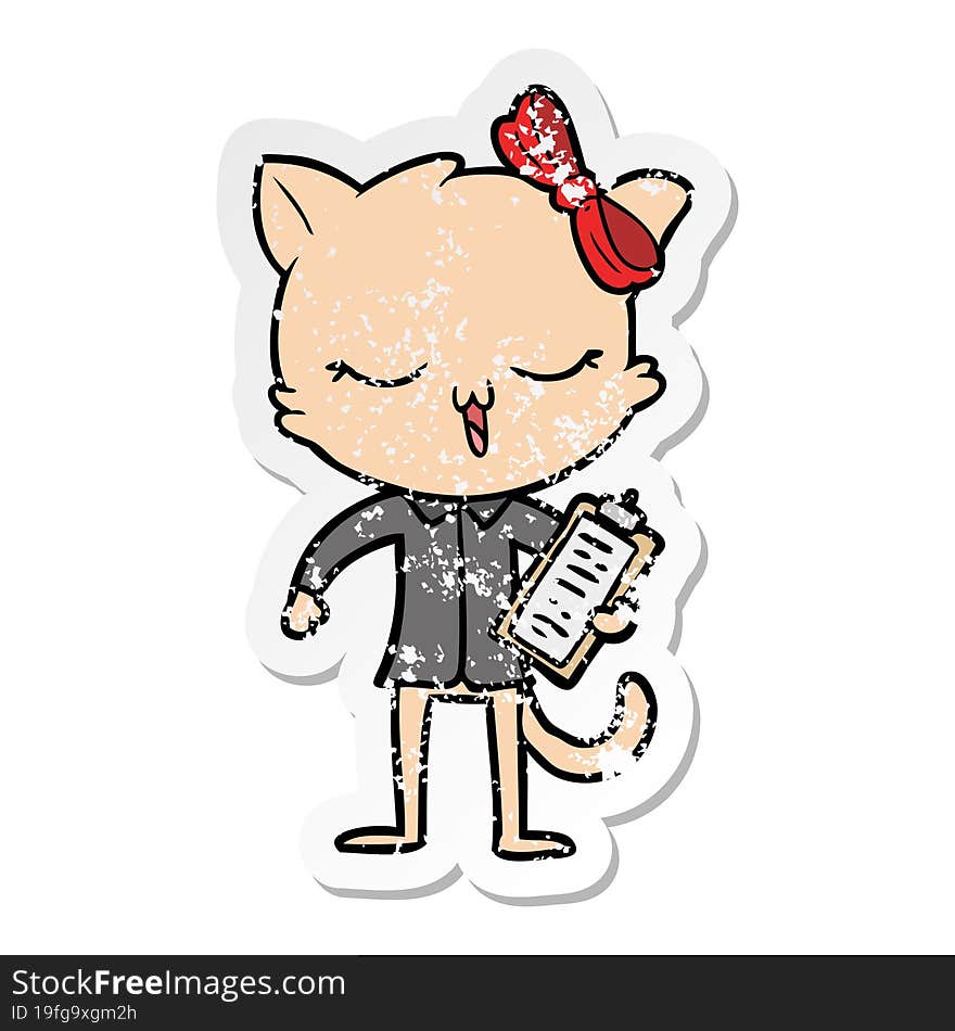 distressed sticker of a cartoon cat with bow on head