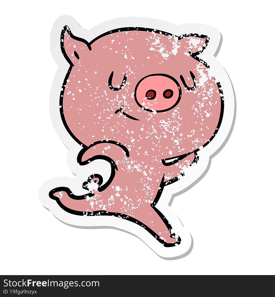 distressed sticker of a happy cartoon pig running