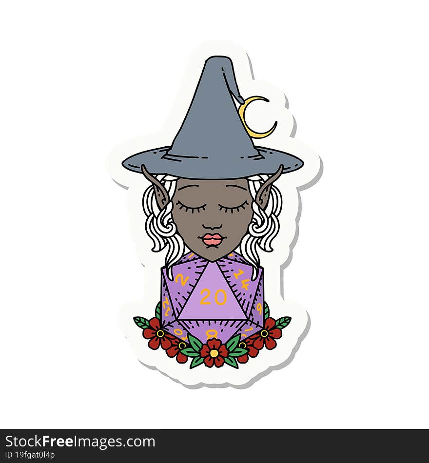 elf mage character with natural twenty dice roll sticker