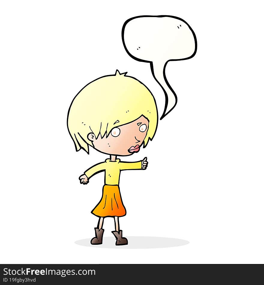 cartoon woman raising eyebrow with speech bubble