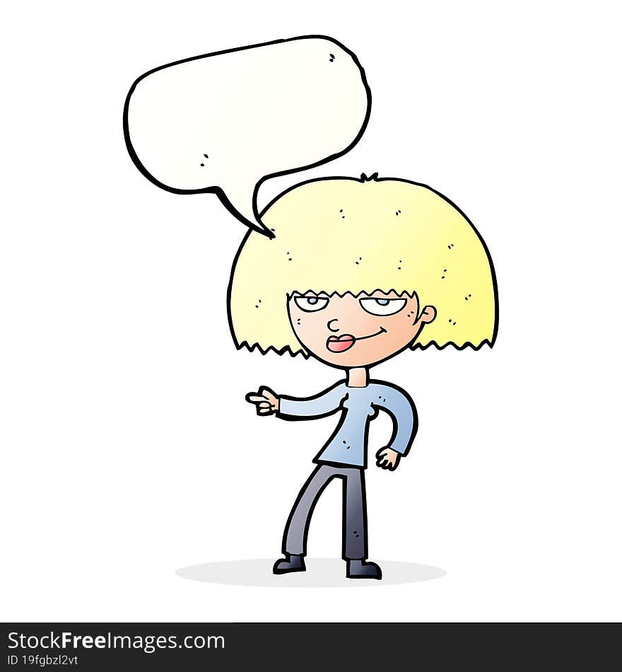 cartoon happy woman pointing with speech bubble