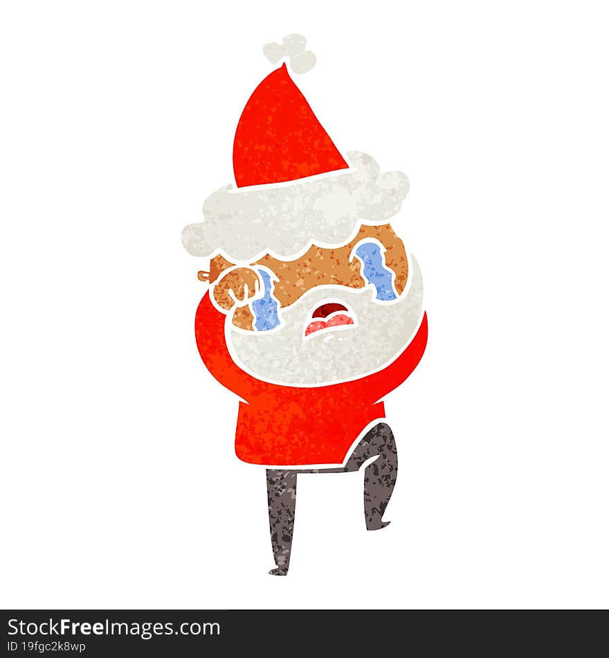 retro cartoon of a bearded man crying and stamping foot wearing santa hat