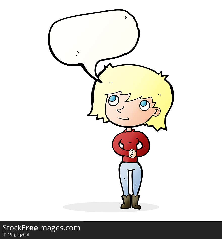 cartoon friendly woman with speech bubble