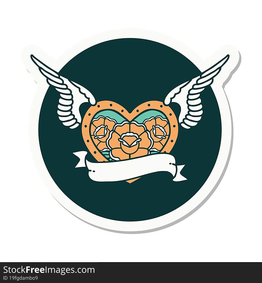 Tattoo Style Sticker Of A Flying Heart With Flowers And Banner