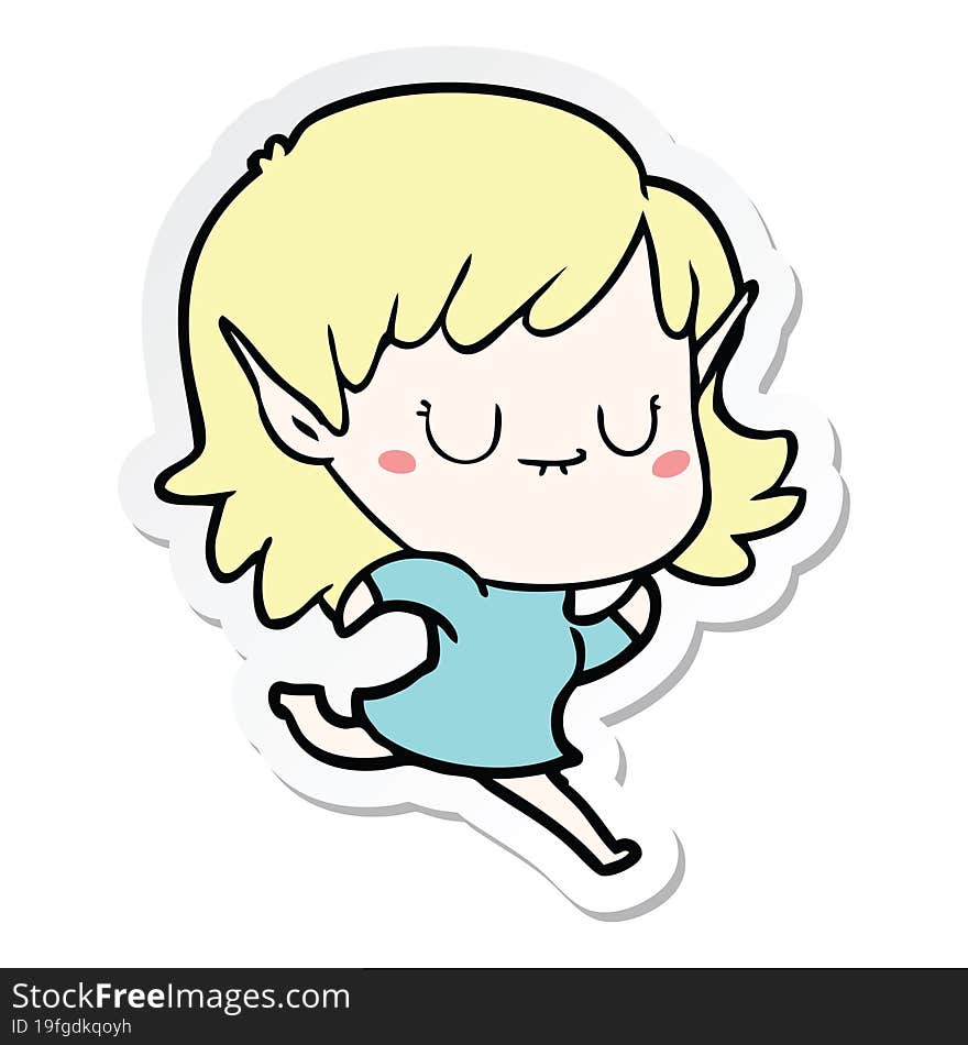 Sticker Of A Happy Cartoon Elf Girl Running