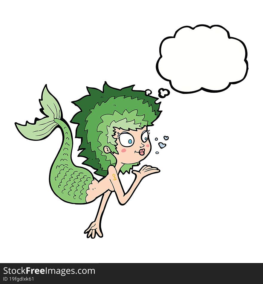 cartoon mermaid blowing a kiss with thought bubble