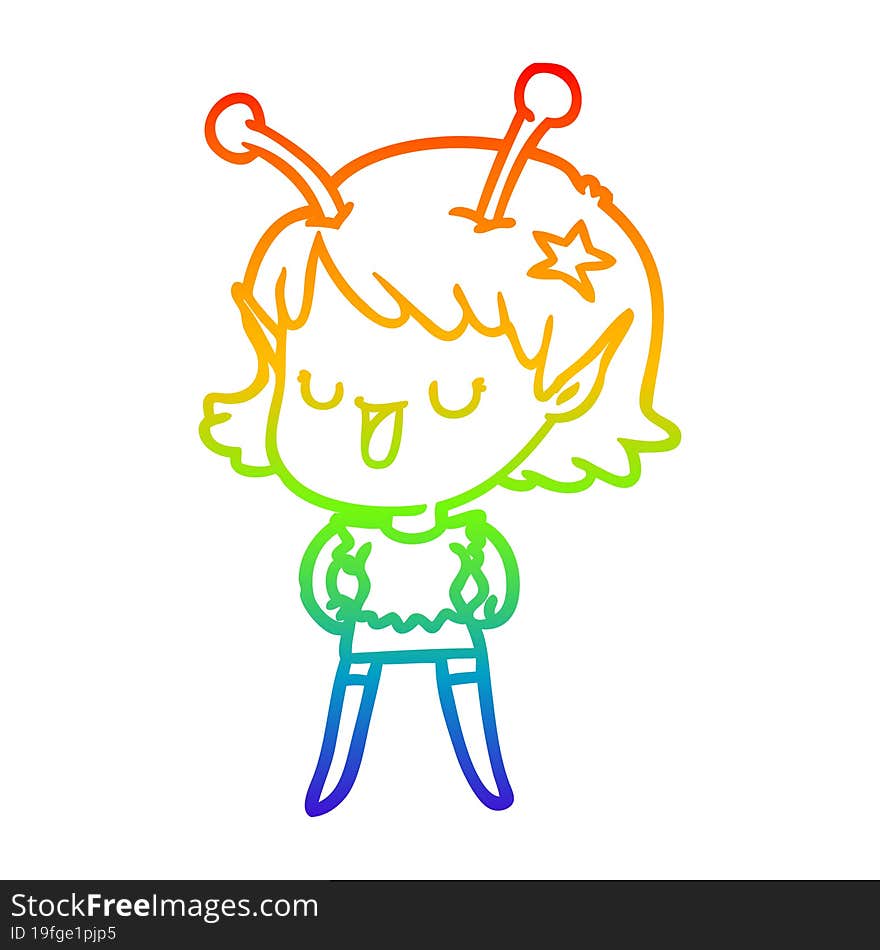 rainbow gradient line drawing happy alien girl cartoon