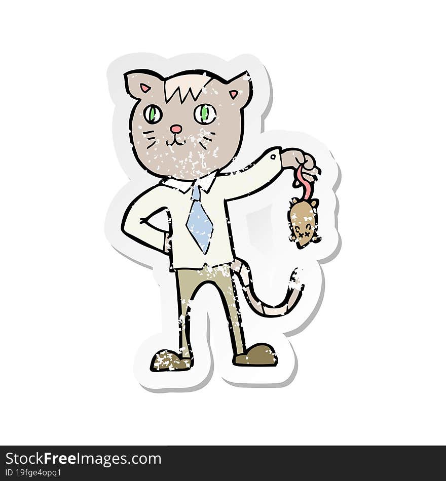 retro distressed sticker of a cartoon business cat with dead mouse