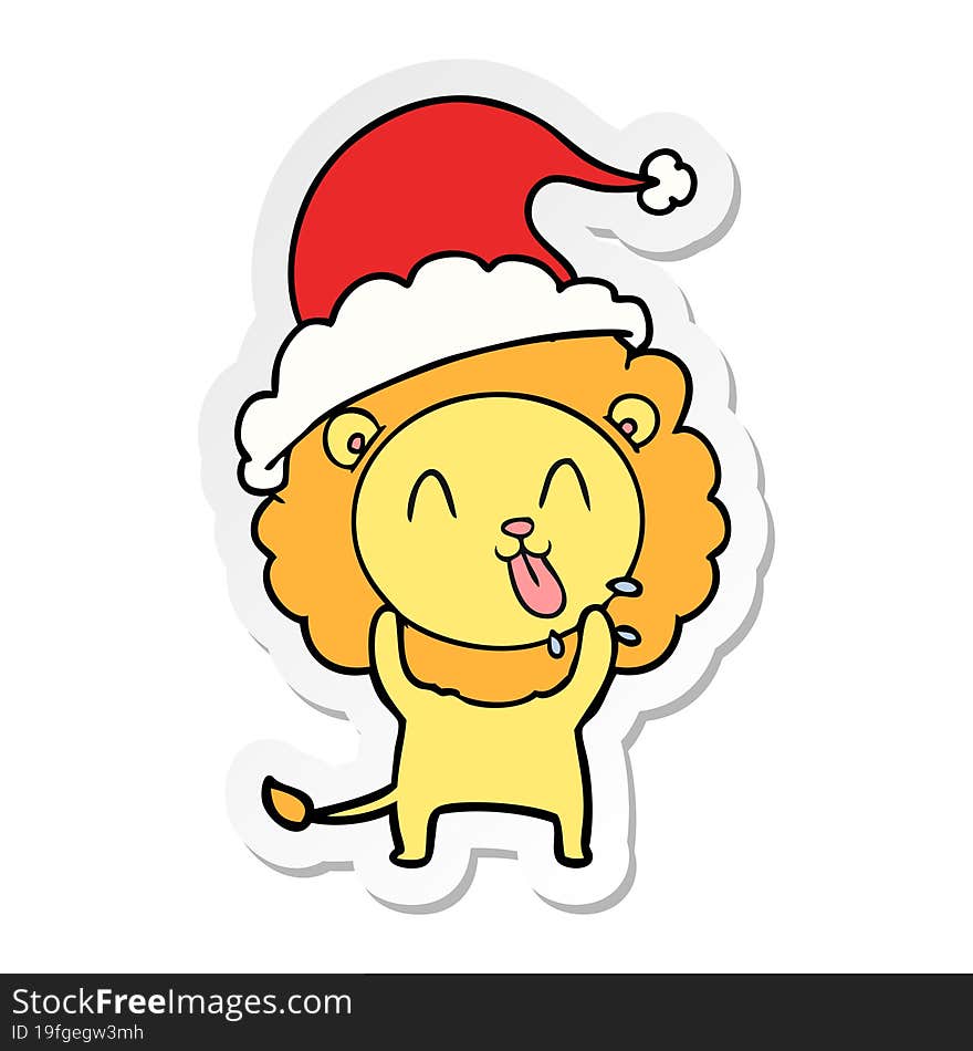 happy sticker cartoon of a lion wearing santa hat