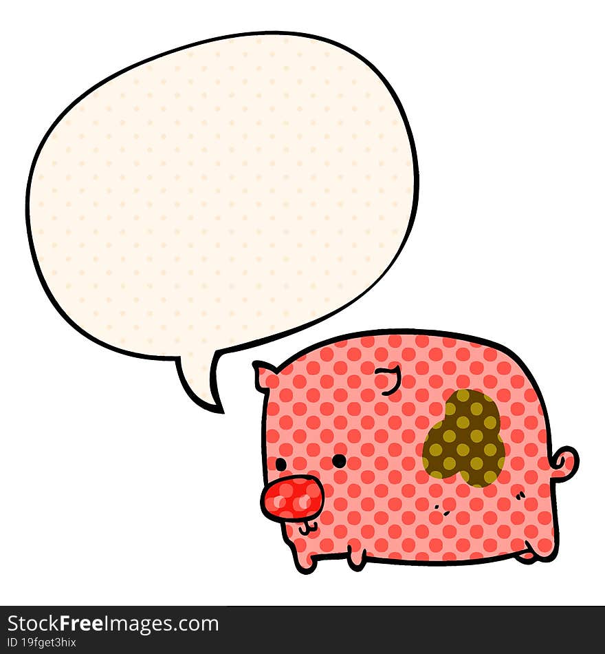 cartoon pig and speech bubble in comic book style