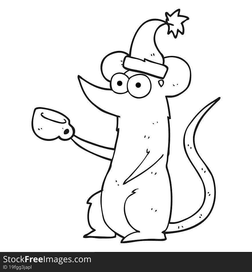 freehand drawn black and white cartoon mouse wearing christmas hat