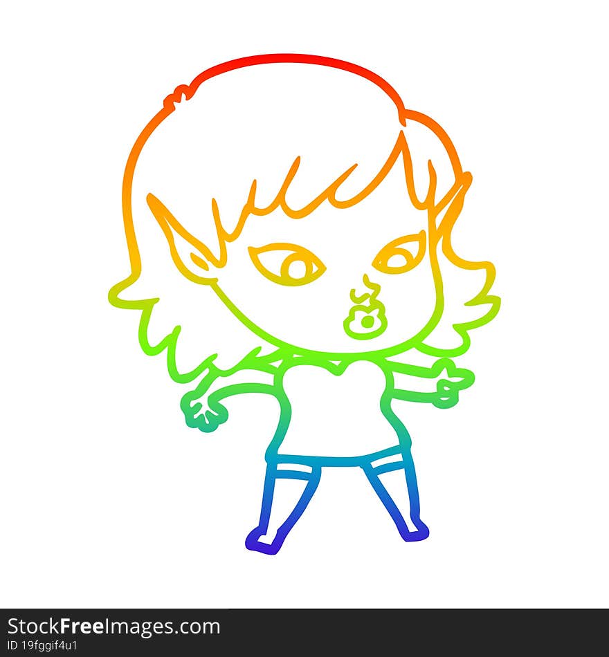 rainbow gradient line drawing pretty cartoon elf girl