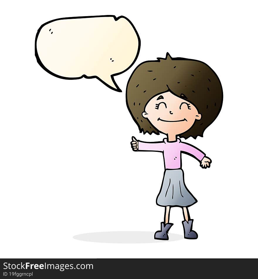 cartoon happy girl giving thumbs up symbol with speech bubble