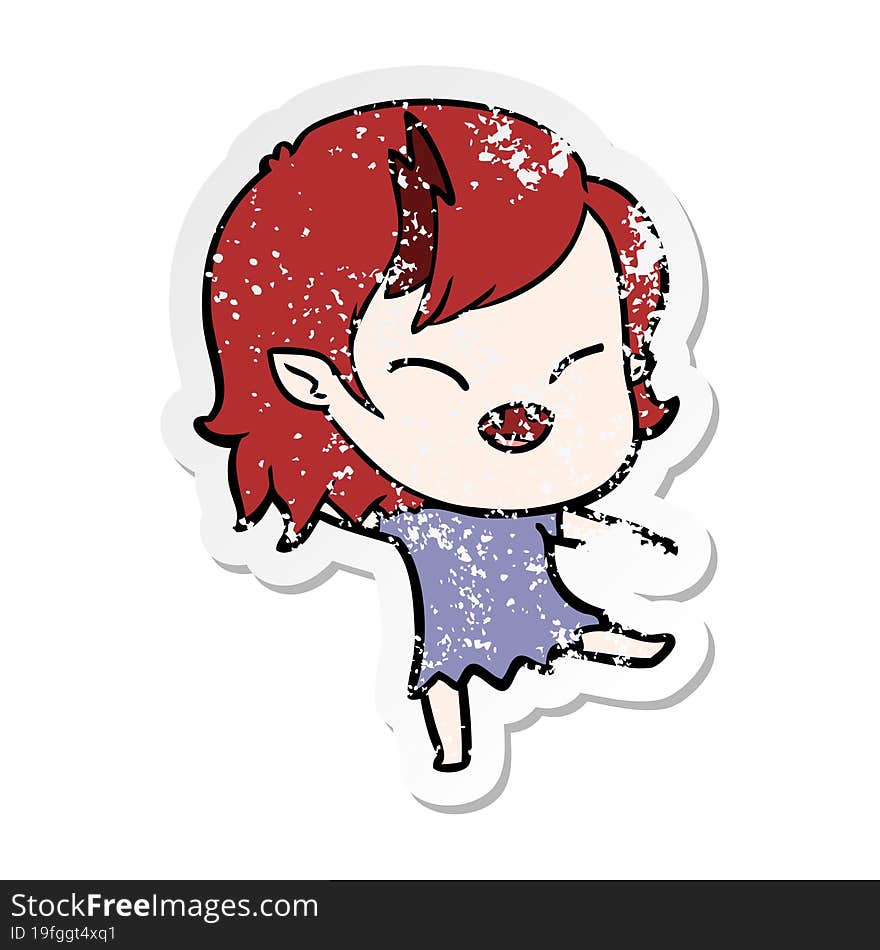 distressed sticker of a cartoon laughing vampire girl