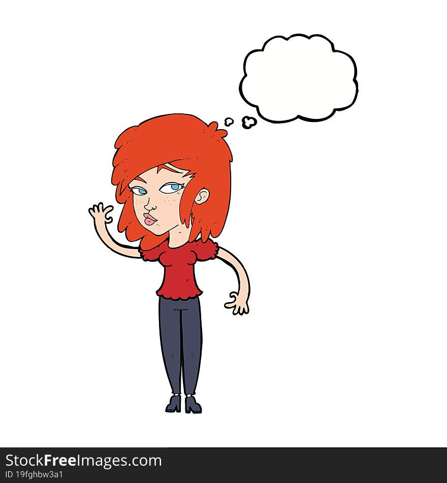 cartoon pretty woman waving with thought bubble