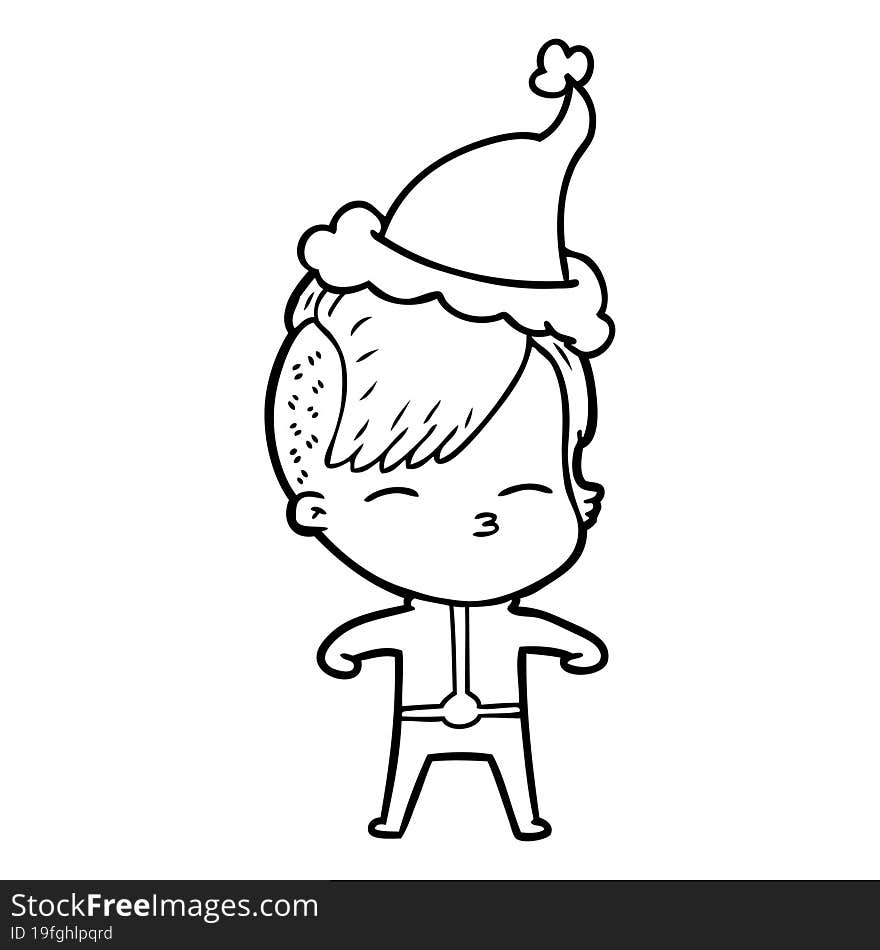 hand drawn line drawing of a girl wearing futuristic clothes wearing santa hat