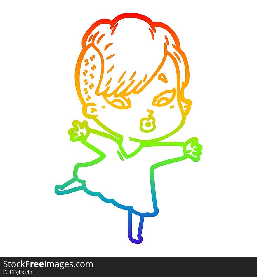 rainbow gradient line drawing of a cartoon surprised girl in black dress