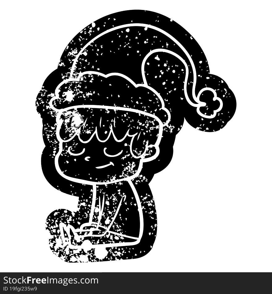 Cartoon Distressed Icon Of A Happy Boy Wearing Santa Hat