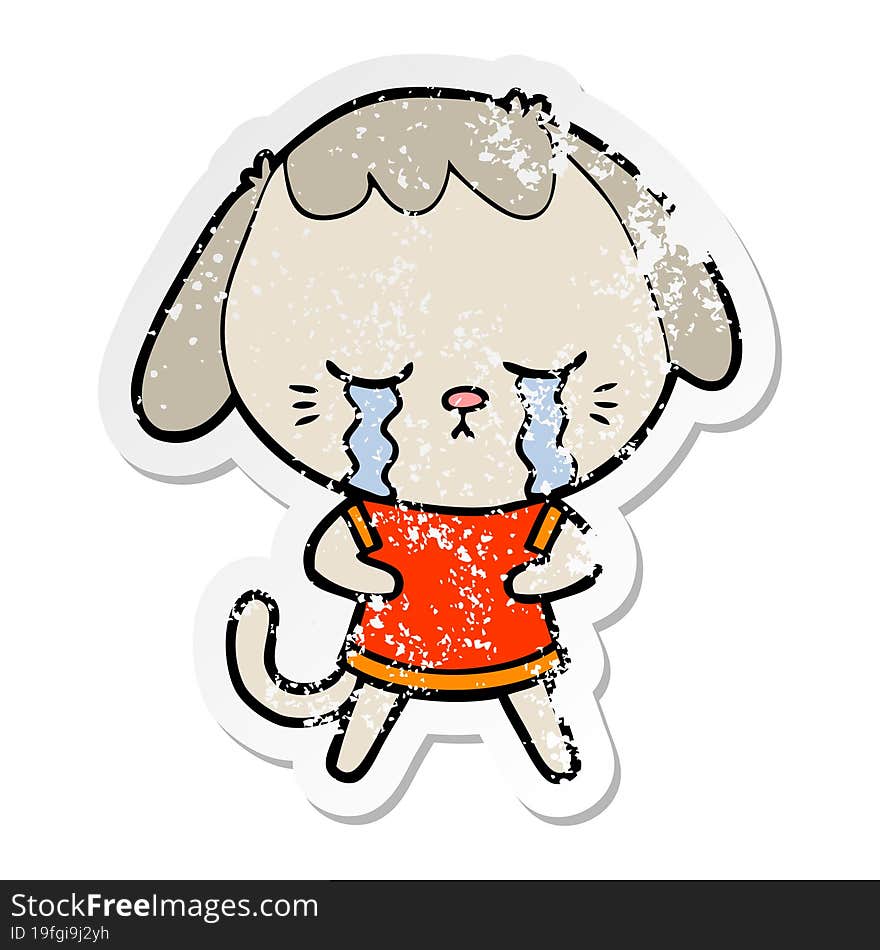 distressed sticker of a cute puppy crying cartoon