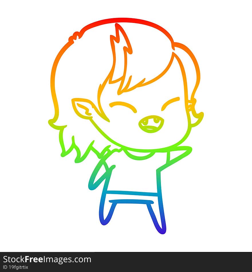 Rainbow Gradient Line Drawing Cartoon Laughing Vampire Girl