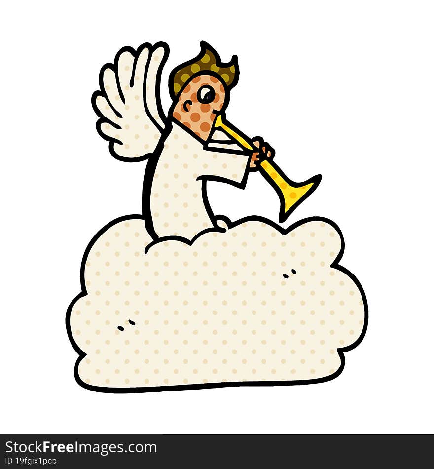 cartoon doodle angel on cloud with trumpet