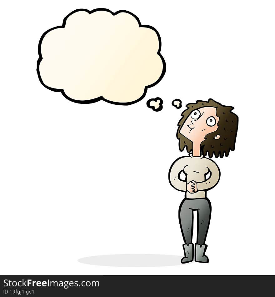 cartoon woman looking upwards with thought bubble