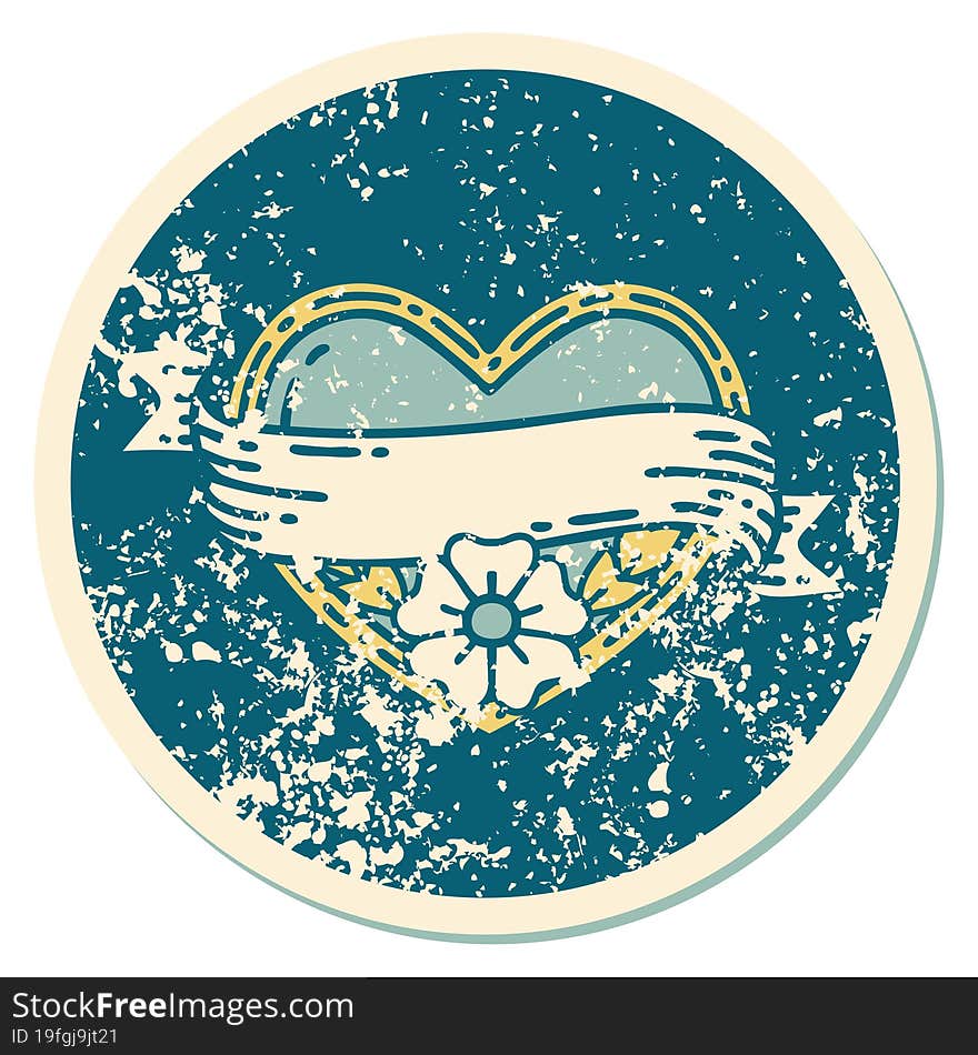 iconic distressed sticker tattoo style image of a heart and banner with flowers. iconic distressed sticker tattoo style image of a heart and banner with flowers