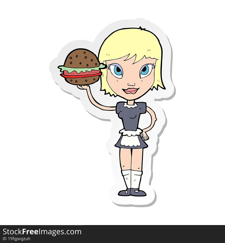 sticker of a cartoon waitress with burger