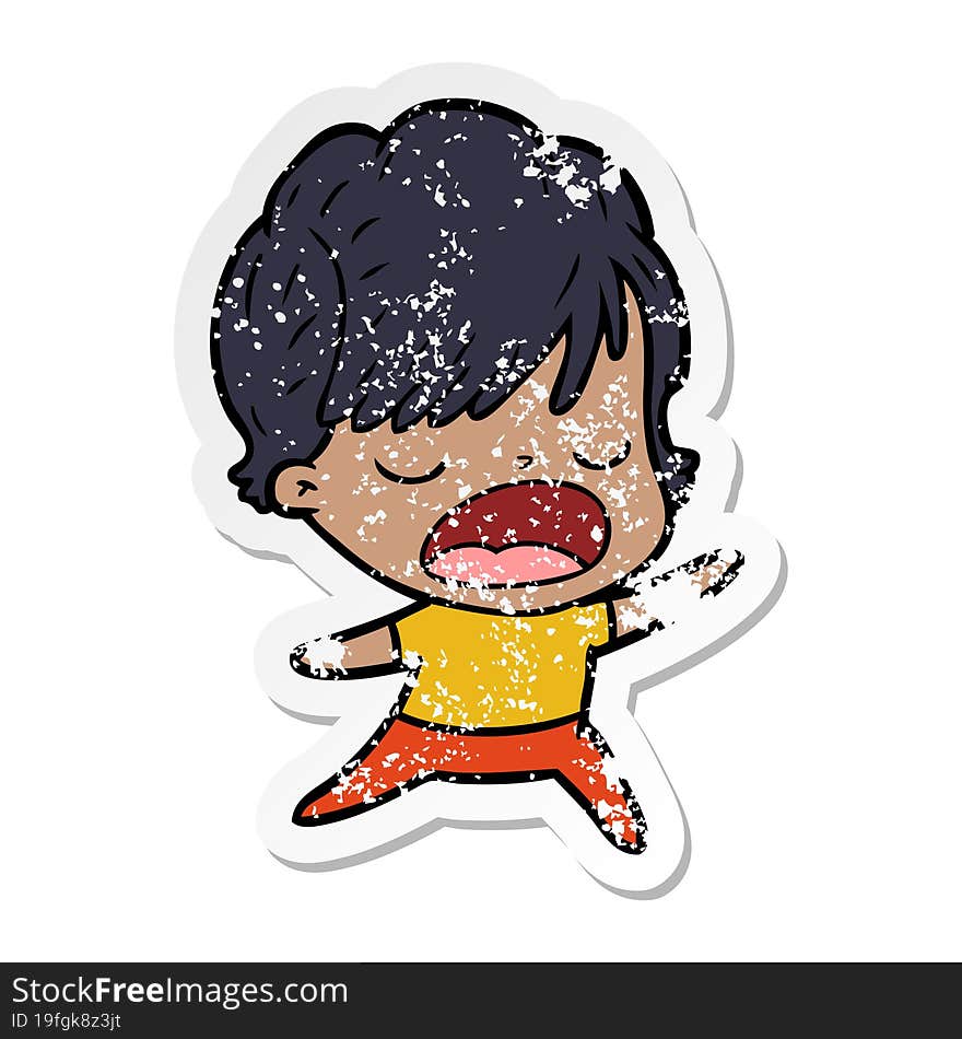 distressed sticker of a cartoon woman talking