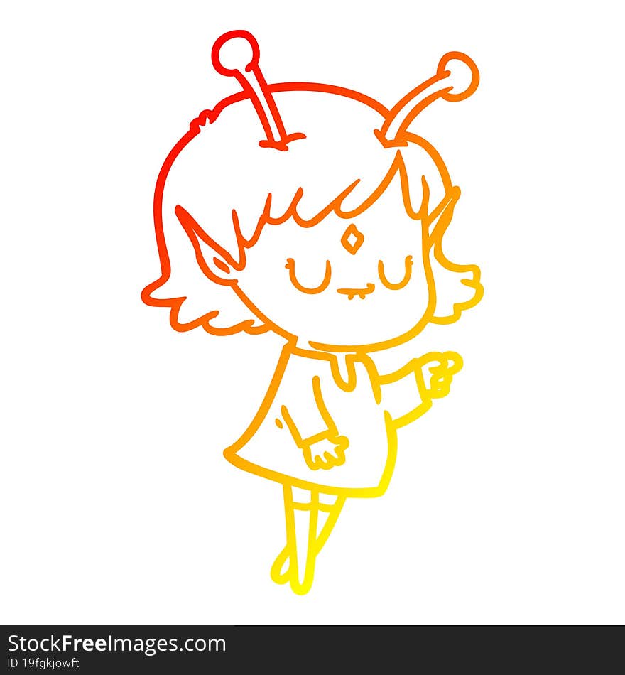 warm gradient line drawing of a cartoon alien girl