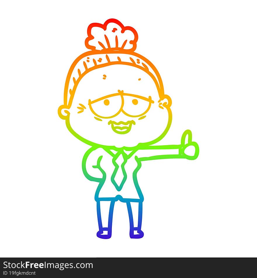 rainbow gradient line drawing of a cartoon happy old lady