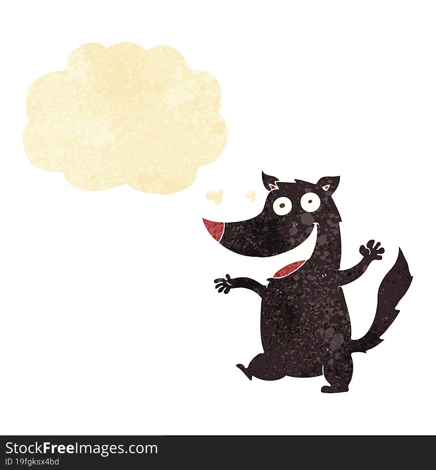 cartoon happy wolf with thought bubble