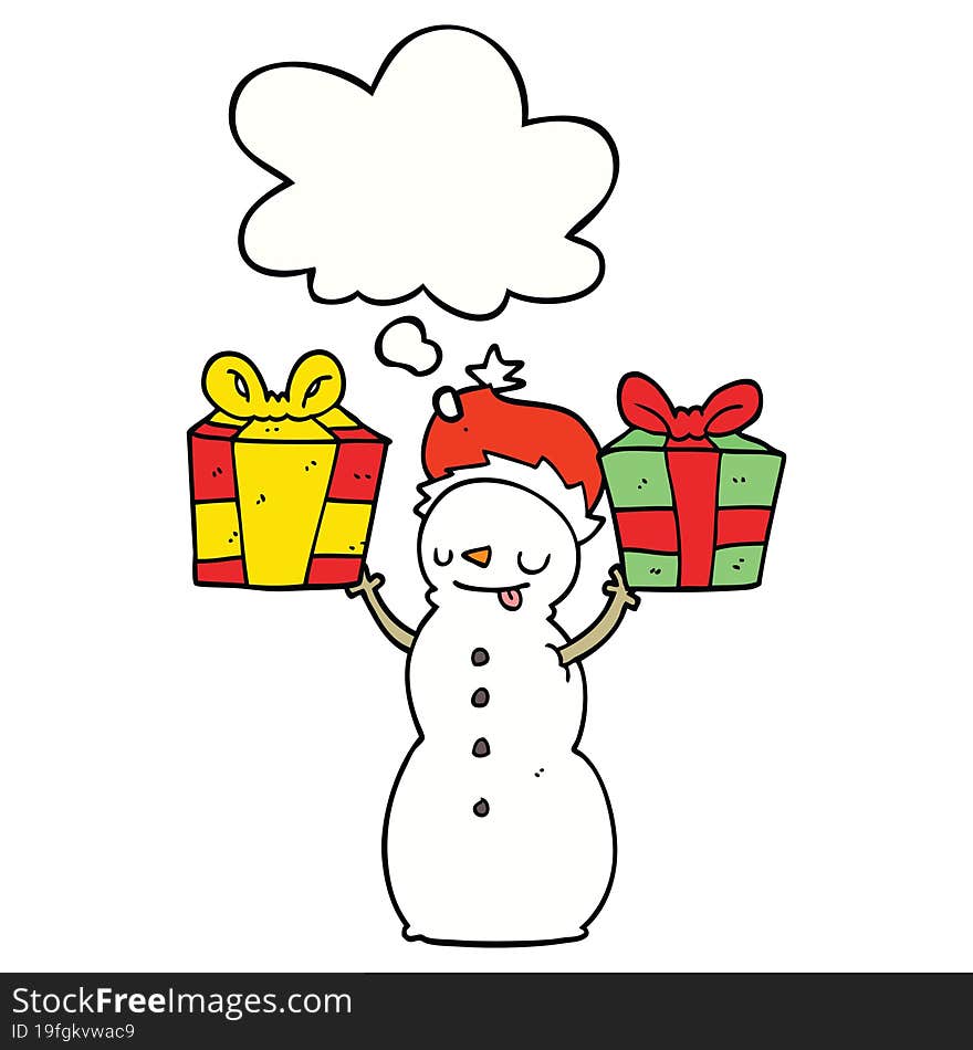 cartoon snowman with present and thought bubble