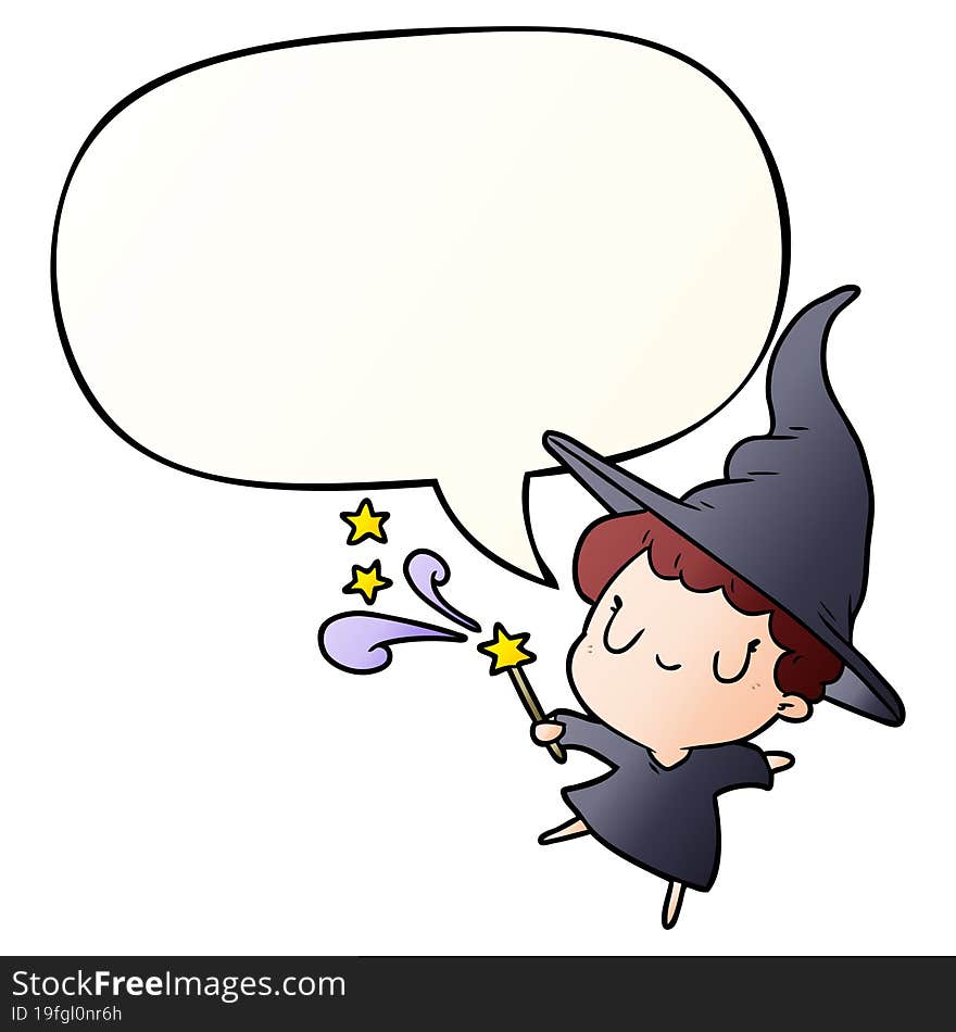 cute cartoon witch casting spell and speech bubble in smooth gradient style