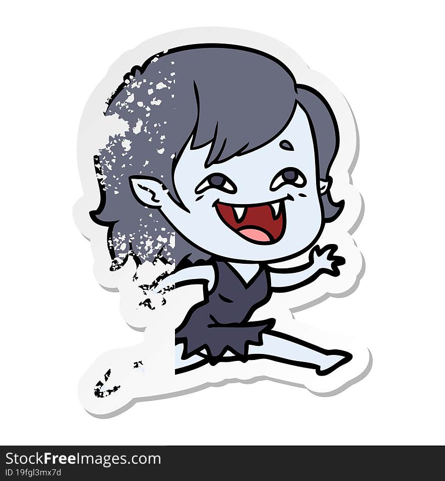 distressed sticker of a cartoon laughing vampire girl