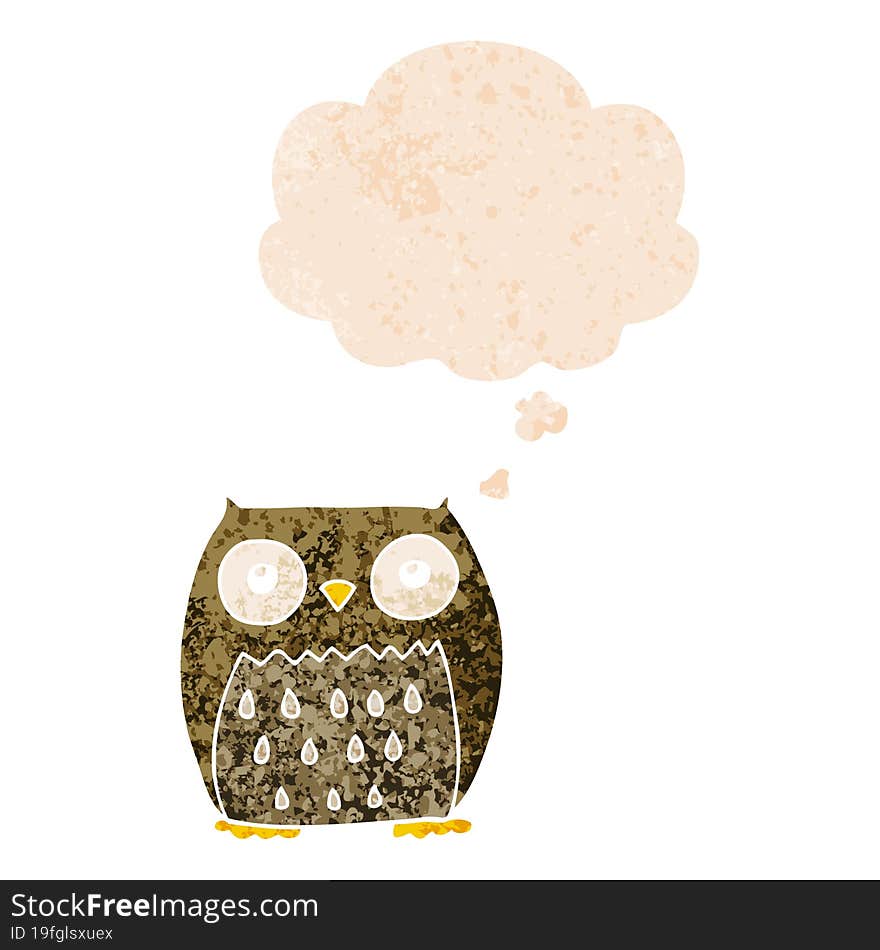 cartoon owl and thought bubble in retro textured style