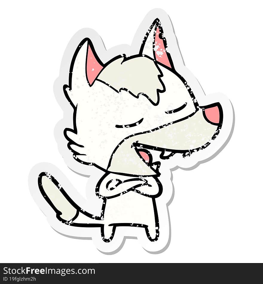 distressed sticker of a cartoon wolf laughing