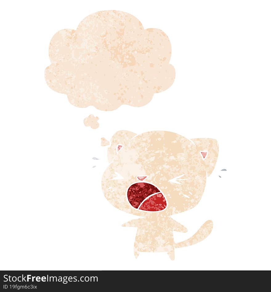 cartoon cat crying and thought bubble in retro textured style