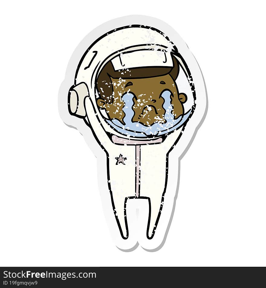 distressed sticker of a cartoon crying astronaut