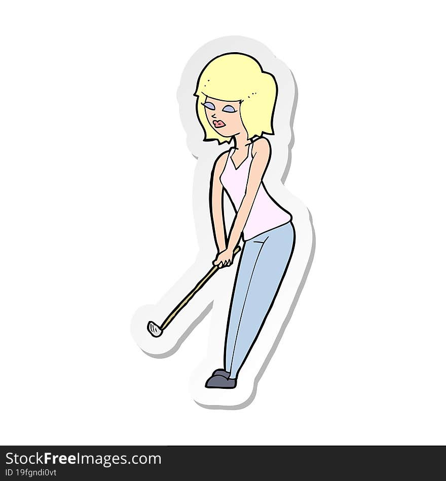 sticker of a cartoon woman playing golf