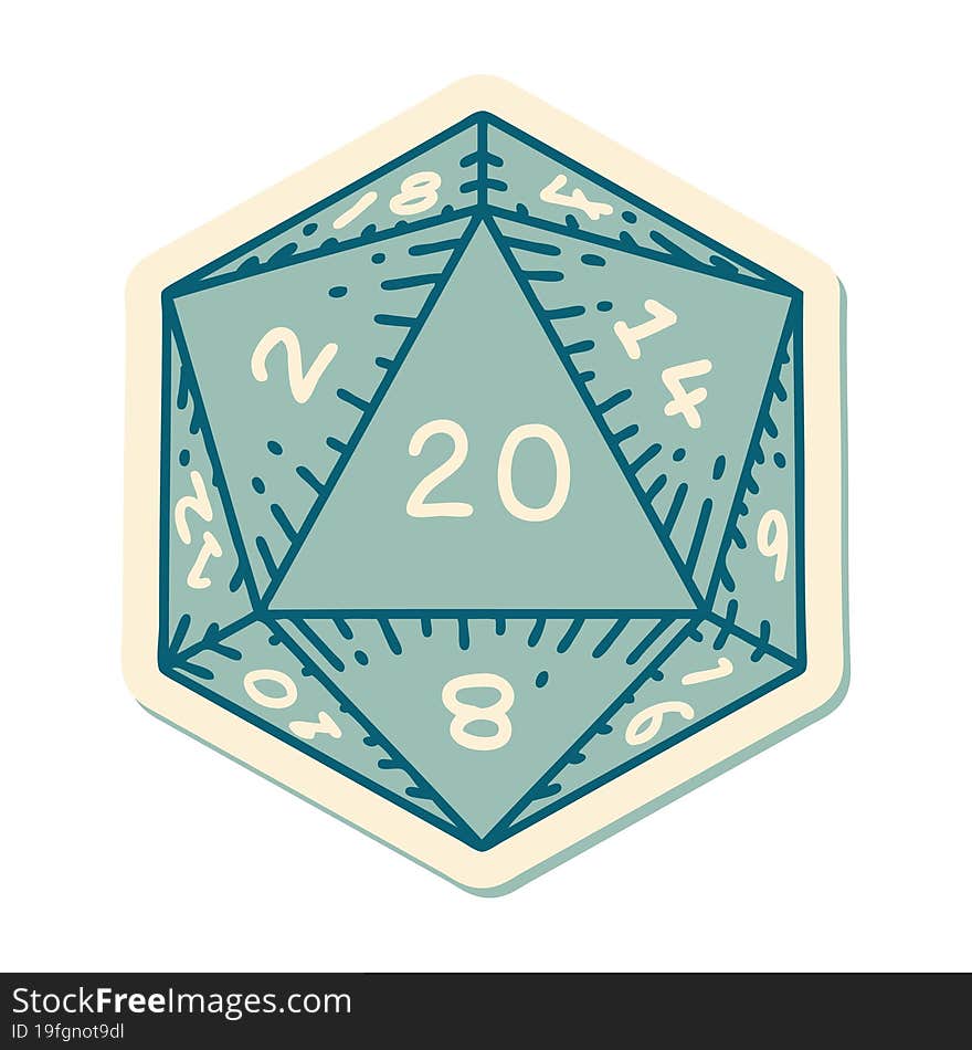 sticker of tattoo in traditional style of a d20 dice. sticker of tattoo in traditional style of a d20 dice