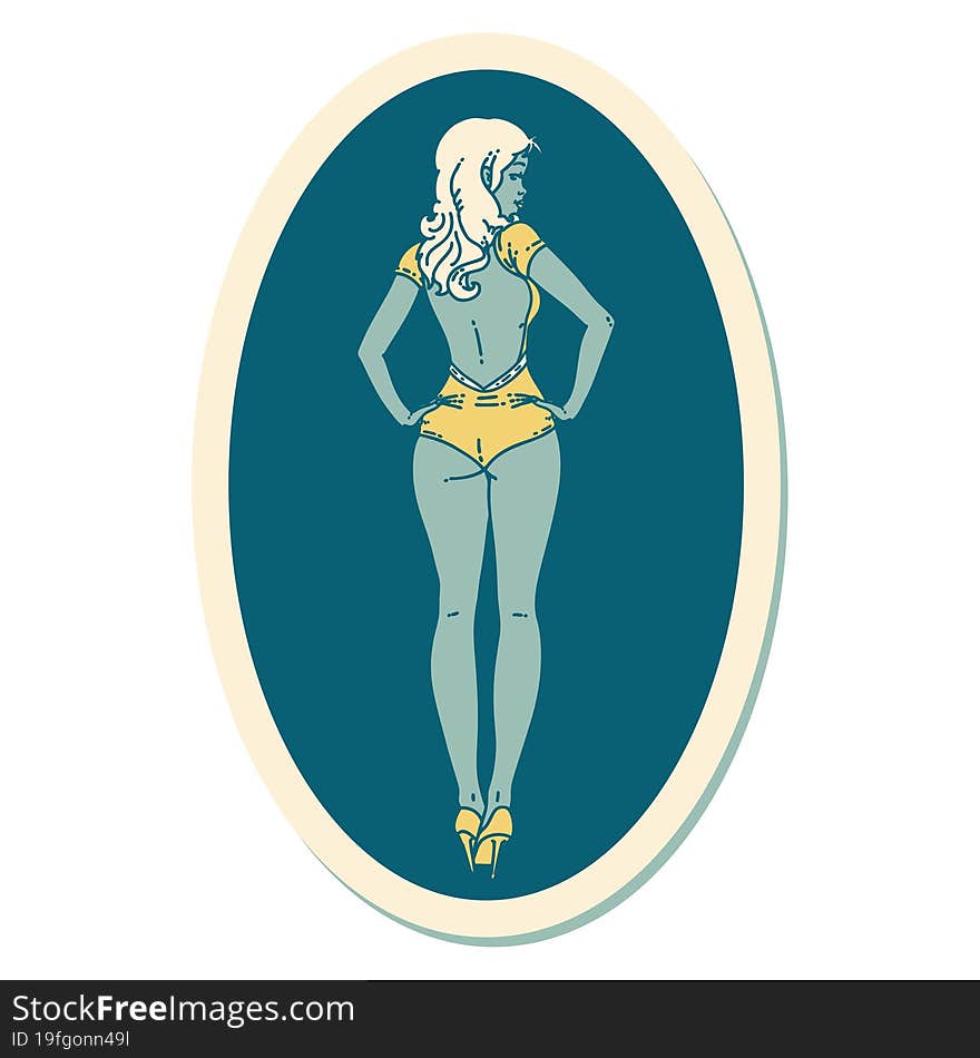sticker of tattoo in traditional style of a pinup swimsuit girl. sticker of tattoo in traditional style of a pinup swimsuit girl