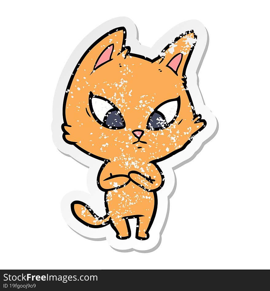 Distressed Sticker Of A Confused Cartoon Cat