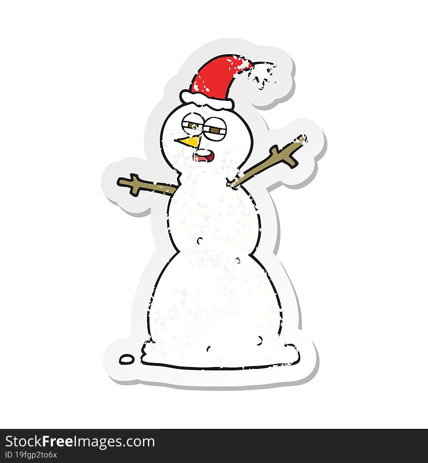 Retro Distressed Sticker Of A Cartoon Unhappy Snowman